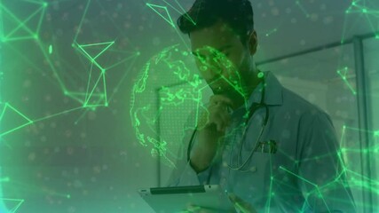 Male doctor tapping tablet and activating globe rotation with network nodes for medical insight - Powered by Adobe