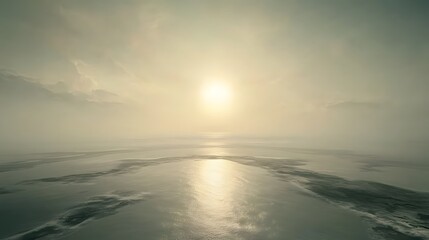 Misty Sunrise over Calm Ocean, Aerial View