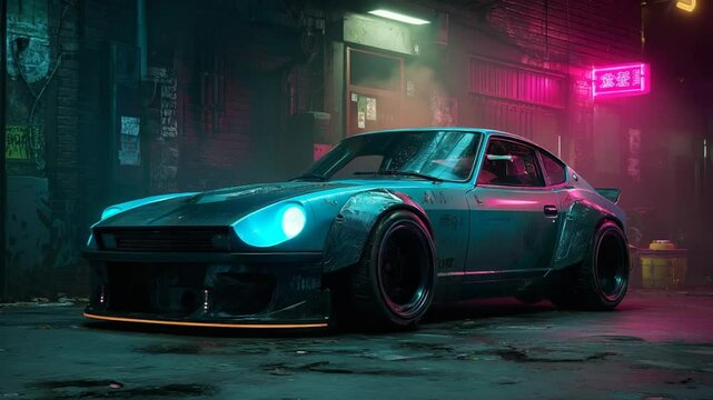 Futuristic Car in Cyberpunk City: A sleek, modified car illuminated by neon lights takes center stage in a dark, atmospheric cyberpunk cityscape, evoking themes of innovation, and urban culture.