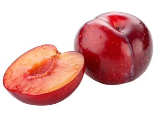 Single whole of red plum and single halved slice of red plum isolated on white background. Suitable for marketing or business purposes. PNG file