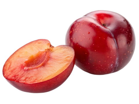 Single whole of red plum and single halved slice of red plum isolated on white background. Suitable for marketing or business purposes. PNG file