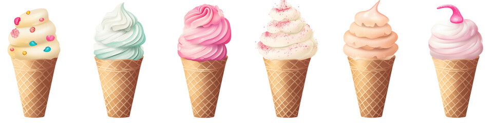 Six Delicious Ice Cream Cones on transparent background png