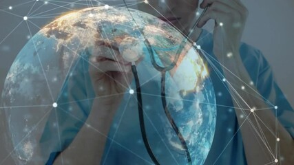 Medical professional lifting stethoscope earpiece and scanning digital globe for live health data - Powered by Adobe