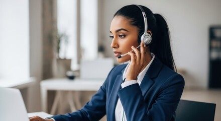 Professional Female Customer Service Representative Wearing a Headset Working in a Modern Office Environment