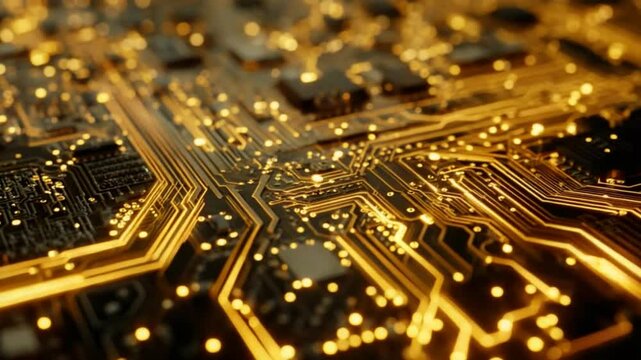 Golden illuminated circuit board, technology background with a sense of speed and innovation
