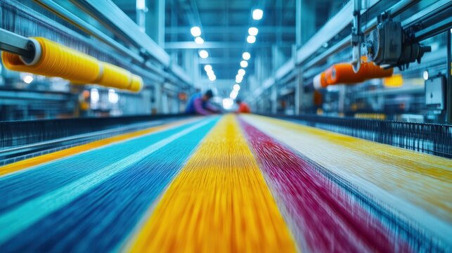 Colorful Threads in Textile Factory with Working Machinery and Lights - Powered by Adobe