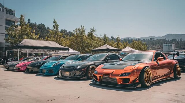 Tuned Cars at Outdoor Show: A row of custom-modified sports cars, each with unique paint jobs and body kits, are parked outdoors at a car show on a sunny day.  