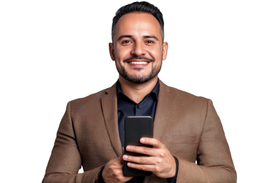 Smiling man in brown blazer holding smartphone in hand on white background, expressing confidence and readiness with modern technology and communication