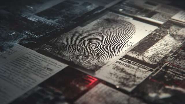 Evidence at the Scene: A detailed view of a fingerprint dusted on paper with document in low light, at crime scene