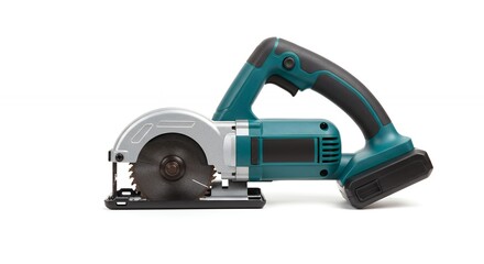 Fototapeta premium Teal cordless circular saw on white background