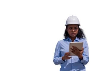 Engineers wearing safety gear, including hard hats examining survey standing industrial facility engaged in a job requires high safety standards concept with PNG white background.	