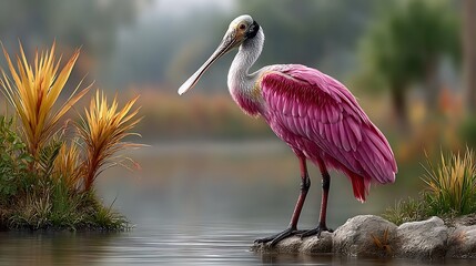 A bright roseate spoonbill feeding in a marsh, its pink wings creating soft reflections on the watera??s surface. .