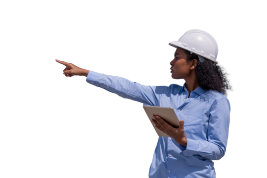 Engineers wearing safety gear, including hard hats examining survey standing industrial facility engaged in a job requires high safety standards concept with PNG white background.	