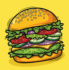 Fresh Vegetarian Burger with Colorful Toppings Illustration.