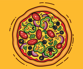 A richly topped pizza with pepperoni, olives, peppers, and onions