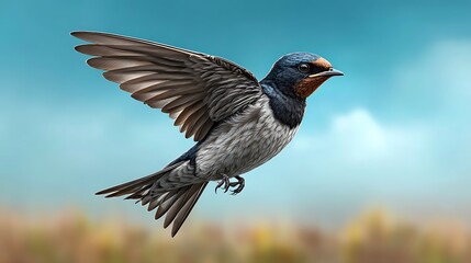 Obraz premium A barn swallow in flight, its forked tail silhouetted against a crisp blue sky.