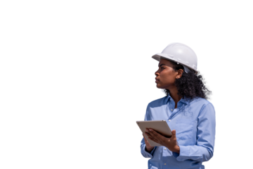 Engineers wearing safety gear, including hard hats examining survey standing industrial facility engaged in a job requires high safety standards concept with PNG white background.	