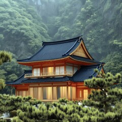 Serene Japanese Temple Surrounded by Lush Greenery and Mountains