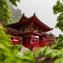 Fototapeta premium Serene Traditional Asian Architecture Surrounded by Lush Greenery