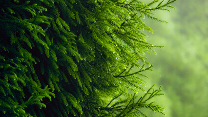Fresh lush green Pine Leaves with Morning Dew. Nature Background for Wellness, Spa, Organic Products, Eco Branding
