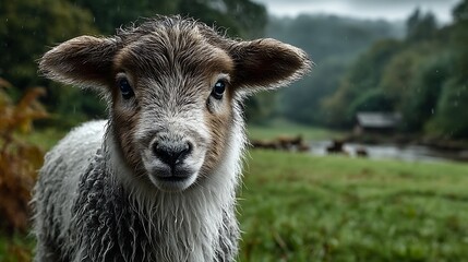 Fototapeta premium A clear, close-up shot of a white lamb in a vibrant green pasture, with faint, blurry shapes of animals far behind. .jpg