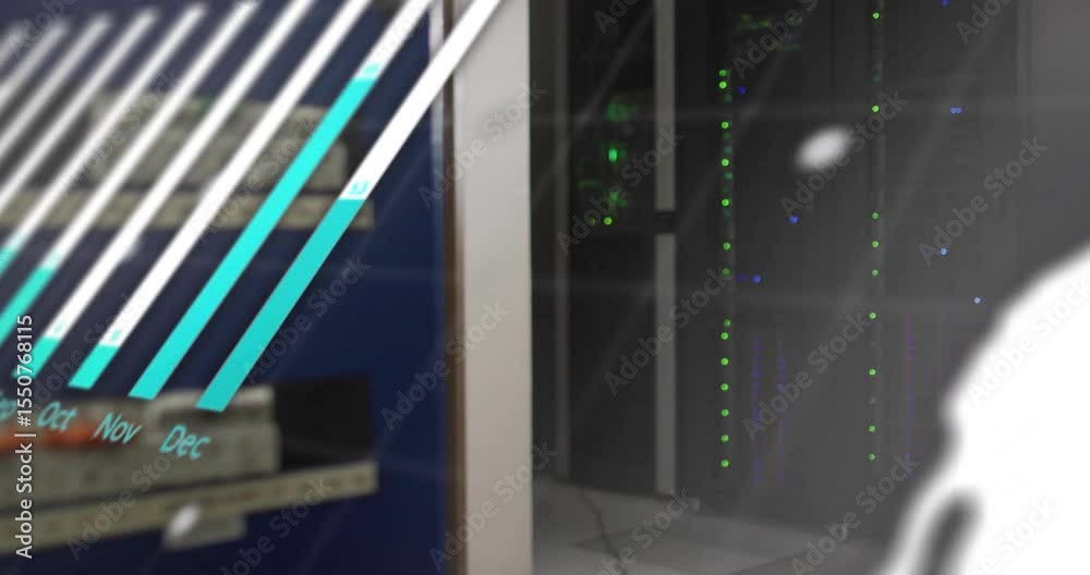 Poster starting data charts animating over server racks, code scrolling, rotating globe, graph appearing