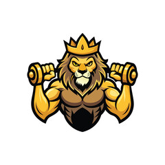 Royal crowned lion flexing with dumbbell on thrones logo design for fitness gym, strength branding, sports mascot, bodybuilding supplement or apparel vector illustration.