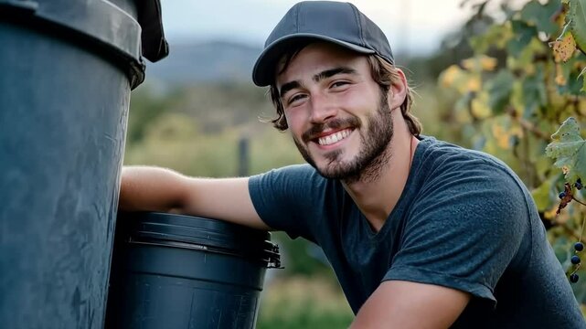 Young Caucasian man with brown hair and beard smiles while leaning on a black trash bin in a vineyard setting. Natural outdoor background with greenery. Generative 4k video.
