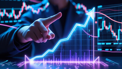 AI Generative. Hand Pointing at Glowing Financial Growth Chart. 4