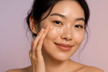 Asian woman applying eye cream anti aging skincare routine for youthful glowing skin beauty treatment on transparent background