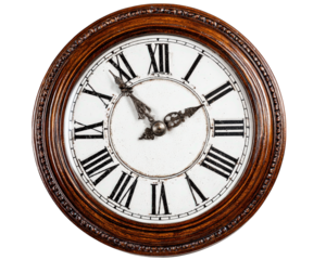 Vintage wooden wall clock with round frame, Roman numerals, ornate metal hands, and classic antique style, isolated on transparency background, evoking nostalgia and elegance