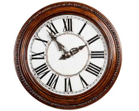 Vintage wooden wall clock with round frame, Roman numerals, ornate metal hands, and classic antique style, isolated on transparency background, evoking nostalgia and elegance