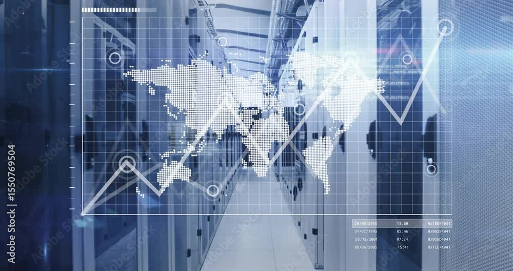 Poster grid overlay appearing server aisle starting data overlay animating map table graph showing trends
