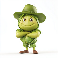 funny cutebrussels sprouts 3d character with cute face, arms, legs, hat, colorful,Generative ai