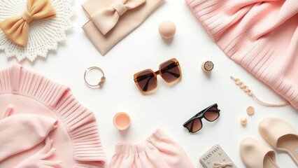 Flat lay of pink clothing and accessories on white background, top view