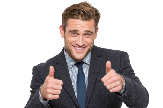 Confident businessman giving two thumbs up in a gray suit with a checkered shirt, smiling against a white background, expressing positivity and success.