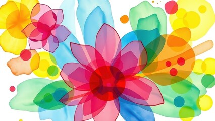 Abstract floral design with transparent petals and colorful watercolor elements