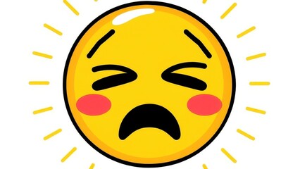 Sad yellow sun with red cheeks and downturned mouth on white background