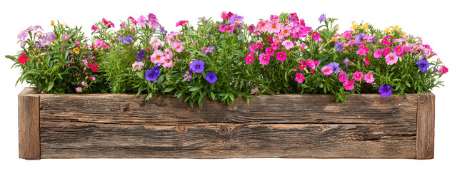 Colorful flower box rustic wood planter isolated transparency background, vibrant blooming petunia, pansy, garden decoration, cheerful spring summer floral arrangement, natural texture