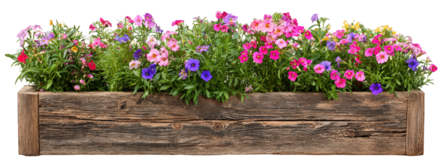 Colorful flower box rustic wood planter isolated transparency background, vibrant blooming petunia, pansy, garden decoration, cheerful spring summer floral arrangement, natural texture