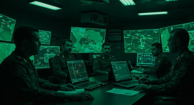 Military Strategists in Command Center Analyzing Tactical Maps