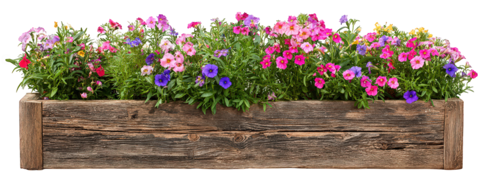 Colorful flower box rustic wood planter isolated transparency background, vibrant blooming petunia, pansy, garden decoration, cheerful spring summer floral arrangement, natural texture