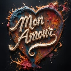 Artistic textured heart layered with vibrant pigments and creamy 'Mon Amour' lettering on a dark background. Abstract romantic concept with rich textures and colors.