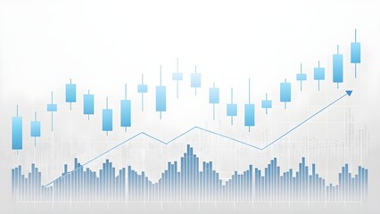 Abstract financial chart with blue candlestick graph and upward trending arrow over a cityscape silhouette background