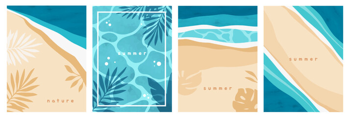 Summer Poster Set. Beautiful flyers with seascapes and top views of sea, ocean and sandy beach. Natural tropical landscape with waves. Flat vector illustration collection isolated on background