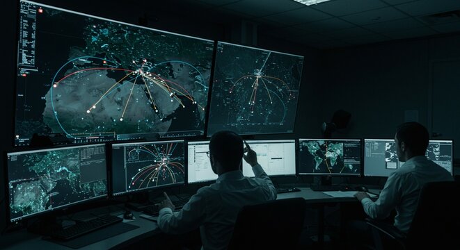 Cybersecurity Experts Monitoring Global Network Activity on Multiple Screens