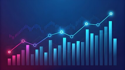 Glowing neon line graph and bar chart showing upward trend and financial growth against a dark blue gradient background