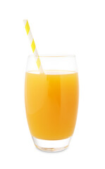 Tasty mango juice in glass with straw isolated on white