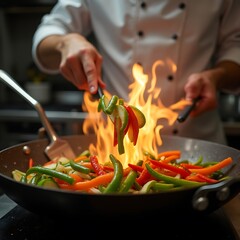 Chef Cooking Stir Fry Vegetables with Flaming Wok