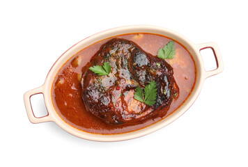 Traditional ossobuco dish with beef steak and sauce isolated on white, top view